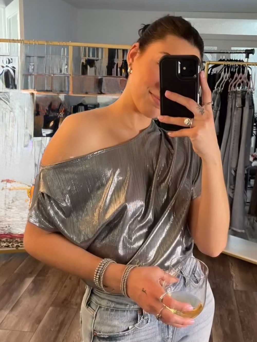 Metallic One-Shoulder Top - Silver